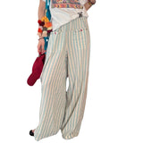 Green Lazy Relaxed Striped Cotton And Linen Casual Trousers