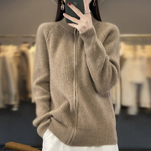 Solid Color Striped Turtleneck Zipper Sweater Sweater