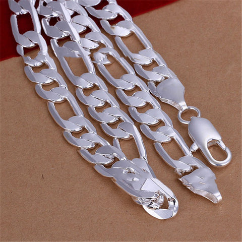 Men's Electroplated 925 Silver 12MM Three Rooms One Three To One Flat Side Necklace Jewelry