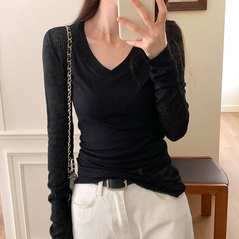 V-neck Micro-transparent Long-sleeved Sweater Design Sense