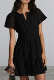 Female V-neck Hollow Lace Pleated Short Sleeves Dress