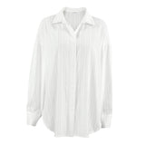 Women's White Cotton Jacquard Lapel Loose Casual Shirt