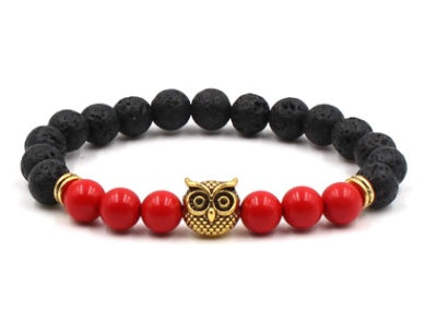 Foreign trade AliExpress best selling 8mm natural stone black lava volcanic stone bracelet gold alloy owl bracelet