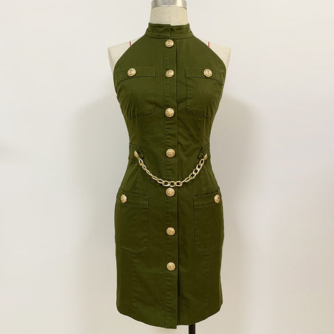 Women Lion Buttons Chain Green Cotton Backless Halter Dress