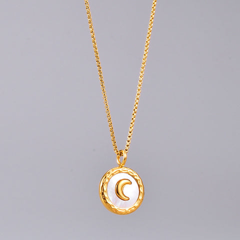 L220 Japanese White Fritillaria Moon Crescent Irregular Necklace Medium Long Chain Titanium Steel Plated 18 Gold Micro Commercial Live Broadcast