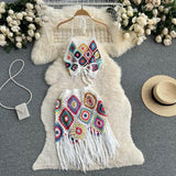 Bohemian Style Knitted Hollow Crocheted Halter Tube Top Short Skirt Two-piece Set