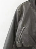 Classic Style Stand Collar Polished Leather Locomotive Distressed Leather Coat