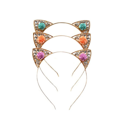 High Quality Cute Alloy Diamond Rose Cat Ears Headband Children Adult Headband