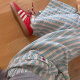 Green Lazy Relaxed Striped Cotton And Linen Casual Trousers