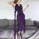 Female Fashion Halter Backless Irregular Solid Color Dress