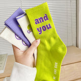 Tube Socks Women's Autumn Purple Letter High Waist Cotton Socks