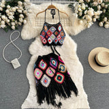 Bohemian Style Knitted Hollow Crocheted Halter Tube Top Short Skirt Two-piece Set