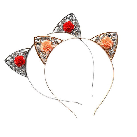 High Quality Cute Alloy Diamond Rose Cat Ears Headband Children Adult Headband