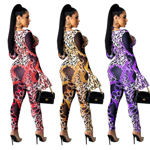 Women's Clothing Tight Mesh See-through Digital Printed Two-piece Suit Female