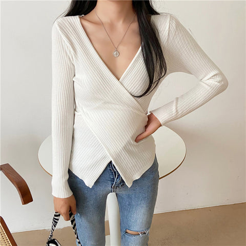 Women's Cross V-neck Long-sleeved T-shirt Inner Bottoming Sweater