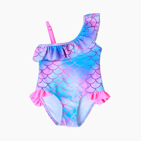 Girls' Scale Printed Flounced Gradient One-piece Swimsuit