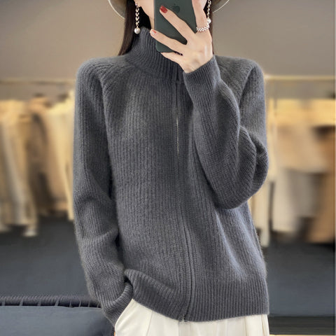 Solid Color Striped Turtleneck Zipper Sweater Sweater