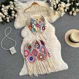 Bohemian Style Knitted Hollow Crocheted Halter Tube Top Short Skirt Two-piece Set