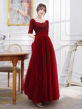 Wine Red Engagement Back Door Evening Dress Female Long Sleeve