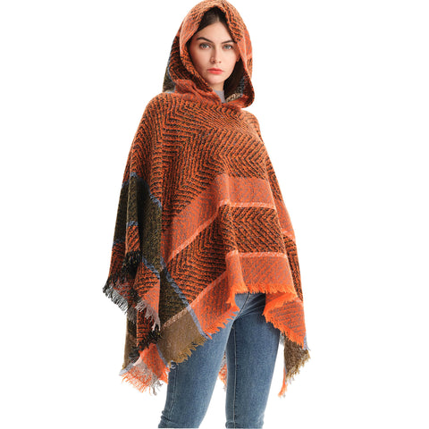 Fishbone Pattern Ladies Hooded Shawl Pullover Cloak