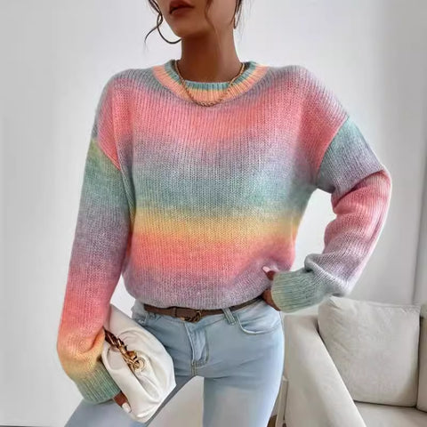 Stitching Contrast Color Knitted Sweater Fashion Pullover Round Neck Gradient Rainbow Striped Top