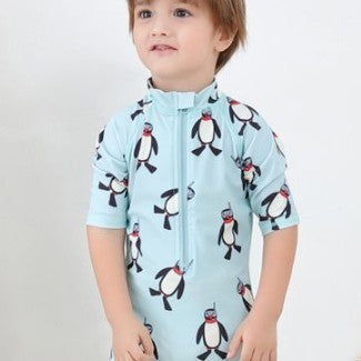 Boy One-piece Long Sleeves Penguin Beach Sun Protection Hot Spring Swimming Cap Swimsuit Two-piece