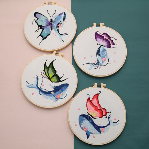 Embroidered Diy Materials Pack Whale With Butterfly Handmade Hanging Pictures