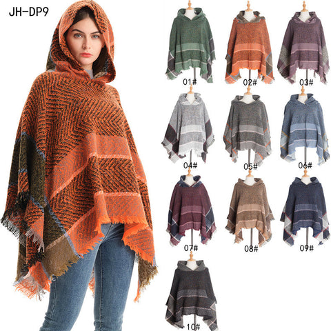 Fishbone Pattern Ladies Hooded Shawl Pullover Cloak