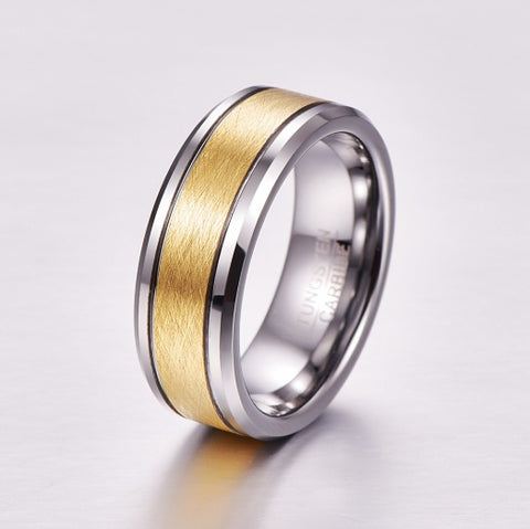 Men's 8mm Gold Color Brushed Center Two Grooves Tungsten Carbide Wedding Band Rings Beveled Edge