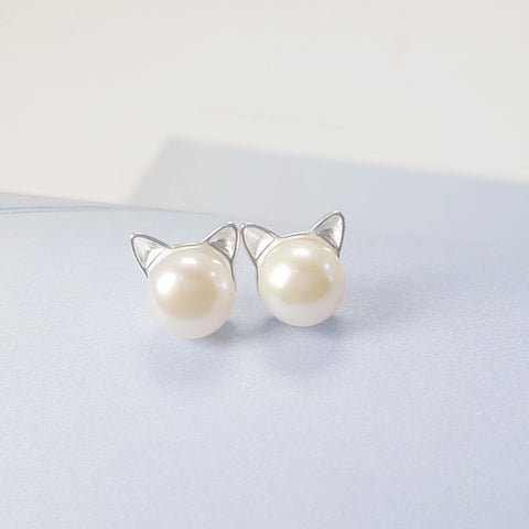 925 sterling silver natural freshwater pearl sprouting cat cat ears earrings