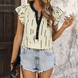 Summer Color Contrast Patchwork Top Lotus Leaf Flounced Sleeve Line Striped Shirt