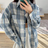 Women's Classic Lapel Long Sleeve Plaid Casual Loose Shirt