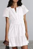 Female V-neck Hollow Lace Pleated Short Sleeves Dress