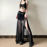 Fashion Black Mesh Transparent Slit Pleating Long Dress