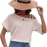 Women's Short-sleeved Solid Color Top Fashionable All-match Off-shoulder Knitted T-shirt