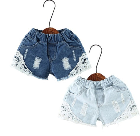 Summer new children's pants Korean personality old wind children's denim shorts Girls lace shorts