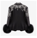 One Button Long Sleeve Suit Collar Exquisite Rhinestone Decorative Black Plush Cuffs Slim-fit Flattering Coat