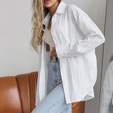 Women's White Cotton Jacquard Lapel Loose Casual Shirt