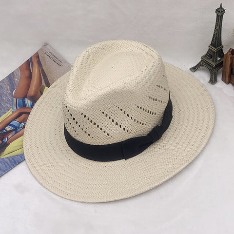 Striped Bow Flat-brimmed Jazz Straw Top Hat