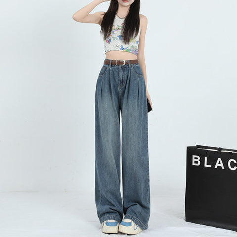 Korean Style Wide-leg Jeans High Waist Loose Pleated Straight Mop