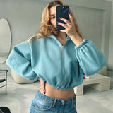 Casual Solid Color Hooded Short Jacket Y2K Fashion Sports Sweatshirt Long Sleeve Zipper Cardigan Hoodies Women's Clothing