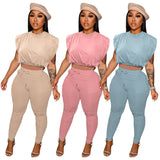 Pure Color Tight Sleeveless Padded Shoulder T-shirt String Pocket Two-piece Set