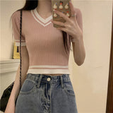 Short Slim-fit Contrast Colors V-neck Short Sleeve Knitwear T-shirt