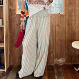 Green Lazy Relaxed Striped Cotton And Linen Casual Trousers