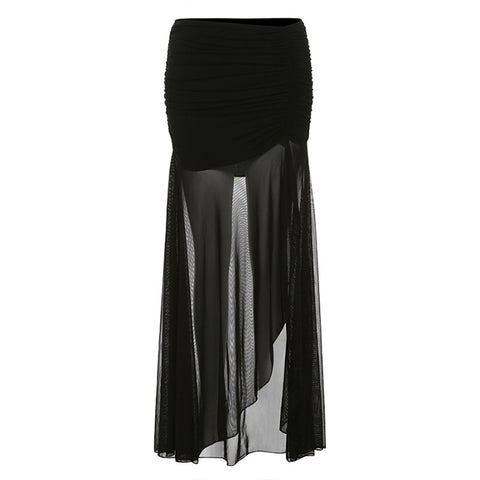 Fashion Black Mesh Transparent Slit Pleating Long Dress