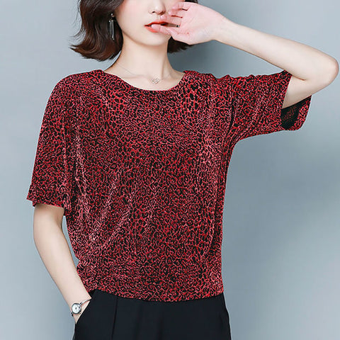 Plus Size Loose-fitting Belly-covering Bright Silk Bottoming Leopard Print Shirt