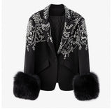 One Button Long Sleeve Suit Collar Exquisite Rhinestone Decorative Black Plush Cuffs Slim-fit Flattering Coat