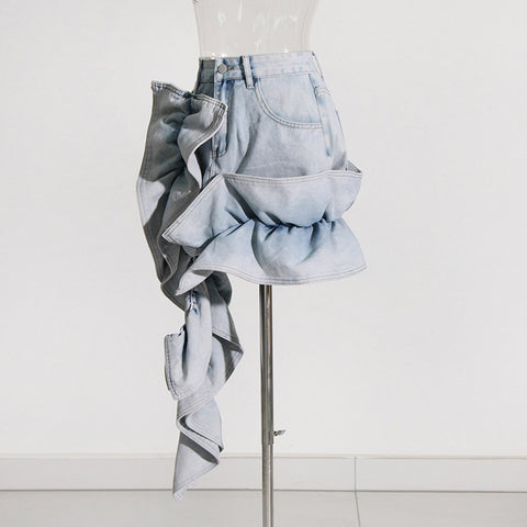 Patchwork Ruffled High Waist A- Line Denim Skirt Women