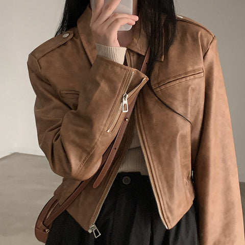 Solid Color Zipper Small Loose Lapels Fashion American Leather Coat Women's