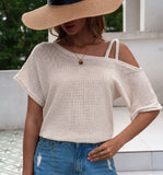 Women's Short-sleeved Solid Color Top Fashionable All-match Off-shoulder Knitted T-shirt